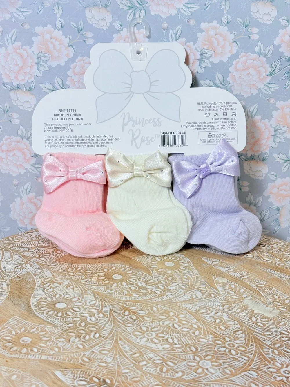 Princess Rose Baby Socks - Lavender, Cream & Pink - 6 Pack